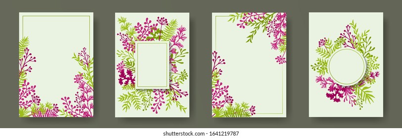 Simple herb twigs, tree branches, leaves floral invitation cards set. Bouquet wreath creative invitation cards with dandelion flowers, fern, mistletoe, eucalyptus leaves, savory twigs.