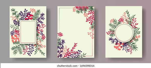 Simple herb twigs, tree branches, leaves floral invitation cards collection. Herbal corners romantic cards design with dandelion flowers, fern, lichen, olive branches, sage twigs.