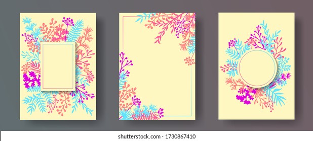 Simple herb twigs, tree branches, leaves floral invitation cards collection. Herbal corners rustic invitation cards with dandelion flowers, fern, lichen, olive branches, sage twigs.