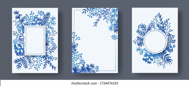 Simple herb twigs, tree branches, leaves floral invitation cards collection. Bouquet wreath elegant invitation cards with dandelion flowers, fern, lichen, olive branches, sage twigs.