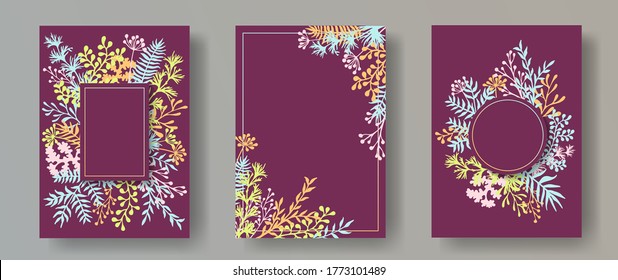 Simple herb twigs, tree branches, flowers floral invitation cards set. Herbal corners retro invitation cards with dandelion flowers, fern, lichen, olive tree leaves, sage twigs.