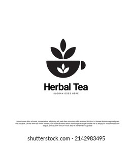 Simple herbal tea logo design. Mug and leaves vector
