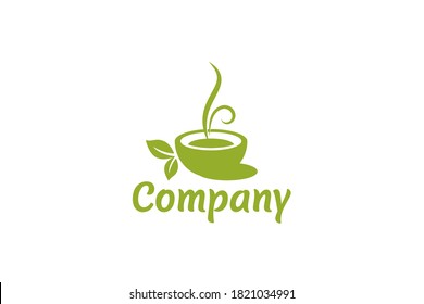 a simple herbal tea logo vector graphic with a cup of tea and leaves.
