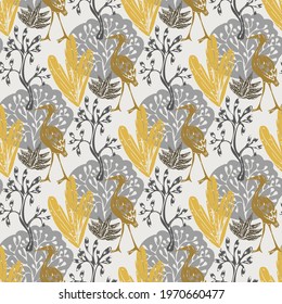 Simple heron bird silhouette seamless surface pattern design on yellow background