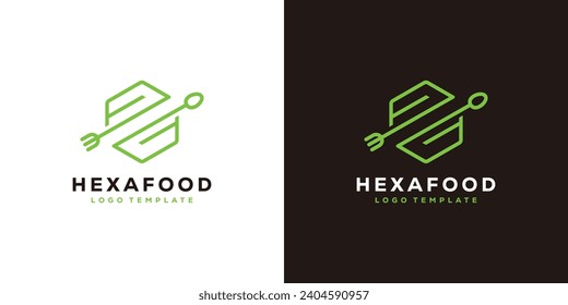 Simple Hexa Food Logo Design. Spoon Fork in Hexagon with Lineart Outline Style Logo Design Template.