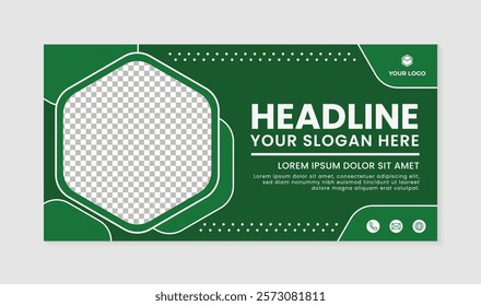 Simple hexagon design banner template green background, green business card with horizontal lines
