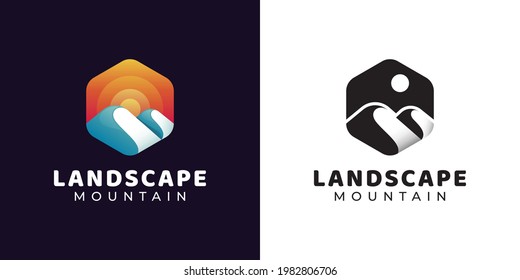 simple hexagon logo on Mountain adventure and sun,  landscape hills logo design with black and white versions