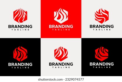 Simple hexagonal fire smoke logo design set. Modern polygon flame gas logo brand.