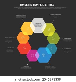 Plantilla de infografía multipropósito de círculo de hexágonos simples con nueve Elementos y elemento central. Infografía con iconos, bloques de color y descripciones sobre fondo oscuro