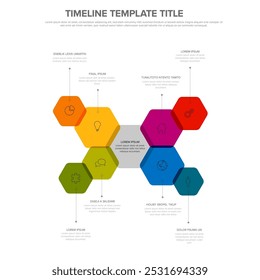Modelo infográfico multiúso de hexágonos simples com nove elementos e item do meio. Infográfico com ícones, blocos de cores e descrições.