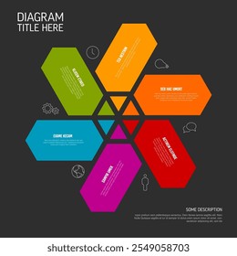 Hexágonos simples Plantilla de infografía multipropósito con seis Elementos apuntando hacia el medio. Infografía con iconos, bloques de color y descripciones sobre fondo oscuro.