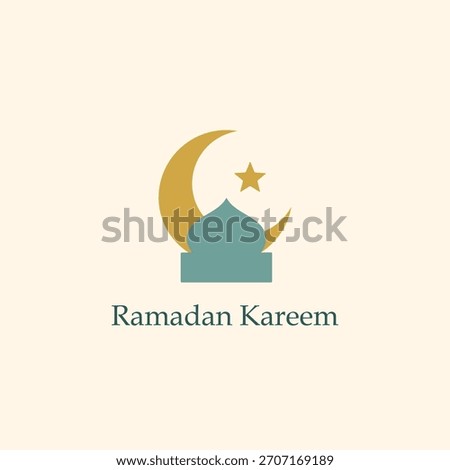 Simple, high-contrast "Ramadan Kareem" icon featuring a turquoise mosque dome and minarets with a gold crescent moon on a cream background.