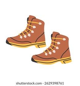 Botas simples para caminhadas. Ilustração vetorial desenhada à mão de sapatos de viagem amarelos e marrons para turismo e camping. Desenho plano de calçado para viagem e exploração.