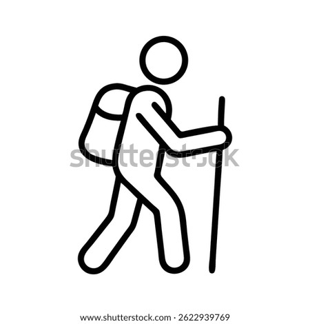 Simple hiking icon, stick figure backpacker with trekking pole, outline style, outdoor travel concept, minimal vector graphic.