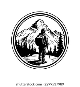 A simple hiking logo featuring a male hiker with a backpack and a compass in black and white