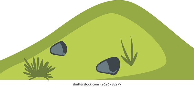 Simple hill illustration with green tones, decorative plants, and stones, perfect for background nature themes or ecology concept.