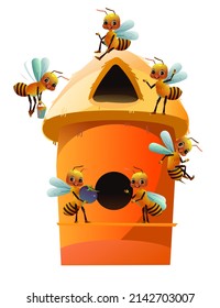 Simple hive. House for bees. Wildlife object. Little funny insect. Cute cartoon style. Isolated on white background. Vector.
