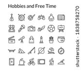 Simple Hobbies and Free Time Line Style Contain Such Icon as Cooking, Singing, Fishing, Football, Knitting, Shopping, Travelling, Cycling, Bakery, Chess, Painting and more. 64 x 64 Pixel Perfect
