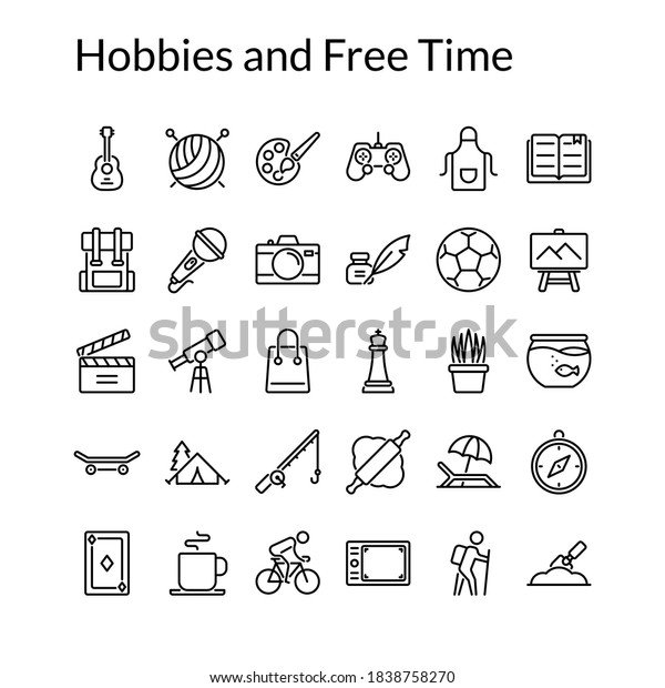 Simple Hobbies and Free Time Line Style Contain\
Such Icon as Cooking, Singing, Fishing, Football, Knitting,\
Shopping, Travelling, Cycling, Bakery, Chess, Painting and more. 64\
x 64 Pixel Perfect
