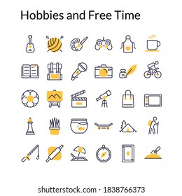 Simple Hobbies And Free Time Yellow Style Contain Such Icon As Cooking, Singing, Fishing, Football, Knitting, Shopping, Travelling, Cycling, Bakery, Chess, Painting And More. 64 X 64 Pixel Perfect