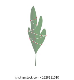 Simple holiday fir in doodle style symbol. Cartoon Christmas tree in garlands isolated on white background. Green conifer simple vector illustration