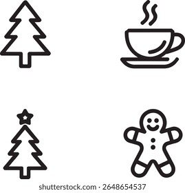 Simple Holiday Season Icons Featuring a Christmas Tree, Hot Drink, Starred Tree, and a Gingerbread Man for Festive Designs