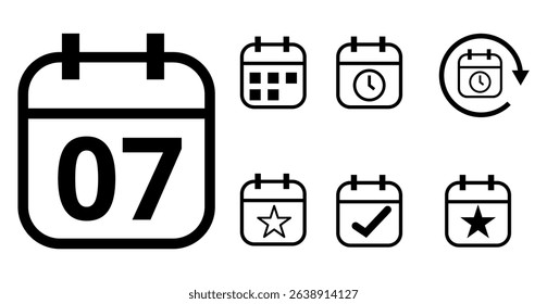 Simple hollow calendar icons isolated on transparent background for websites and graphic resources. Flat calendar icon with specific day marked, day 07.