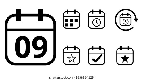 Simple hollow calendar icons isolated on transparent background for websites and graphic resources. Flat calendar icon with specific day marked, day 09.