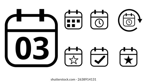 Simple hollow calendar icons isolated on transparent background for websites and graphic resources. Flat calendar icon with specific day marked, day 03.