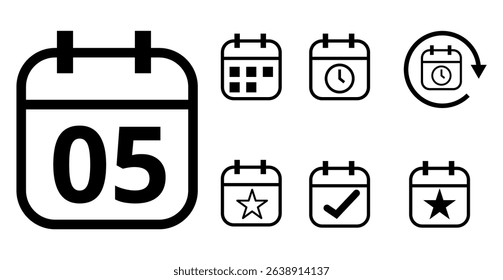 Simple hollow calendar icons isolated on transparent background for websites and graphic resources. Flat calendar icon with specific day marked, day 05.