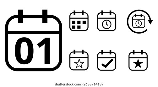 Simple hollow calendar icons isolated on transparent background for websites and graphic resources. Flat calendar icon with specific day marked, day 01.