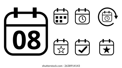 Simple hollow calendar icons isolated on transparent background for websites and graphic resources. Flat calendar icon with specific day marked, day 08.