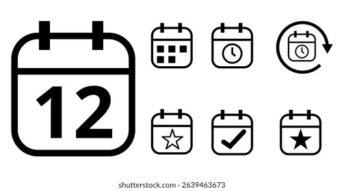 Simple hollow calendar icons isolated on transparent background for websites and graphic resources. Flat calendar icon with specific day marked, day 12.