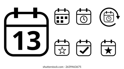 Simple hollow calendar icons isolated on transparent background for websites and graphic resources. Flat calendar icon with specific day marked, day 13.