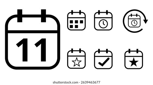 Simple hollow calendar icons isolated on transparent background for websites and graphic resources. Flat calendar icon with specific day marked, day 11.
