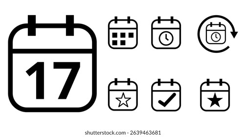 Simple hollow calendar icons isolated on transparent background for websites and graphic resources. Flat calendar icon with specific day marked, day 17.