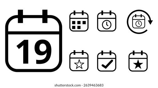 Simple hollow calendar icons isolated on transparent background for websites and graphic resources. Flat calendar icon with specific day marked, day 19.