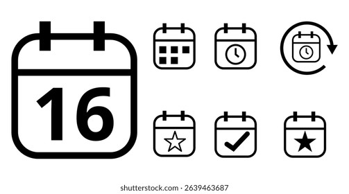 Simple hollow calendar icons isolated on transparent background for websites and graphic resources. Flat calendar icon with specific day marked, day 16.