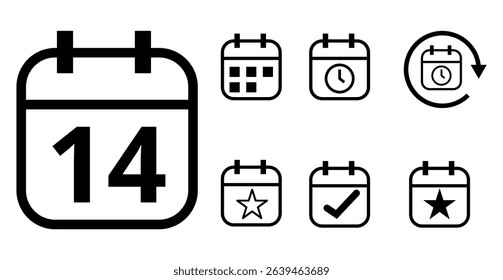 Simple hollow calendar icons isolated on transparent background for websites and graphic resources. Flat calendar icon with specific day marked, day 14.