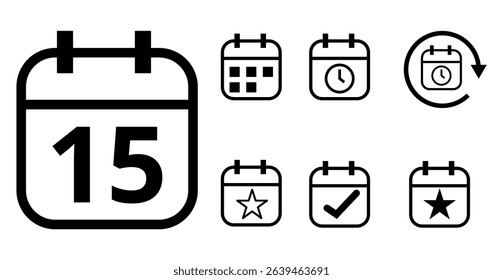 Simple hollow calendar icons isolated on transparent background for websites and graphic resources. Flat calendar icon with specific day marked, day 15.