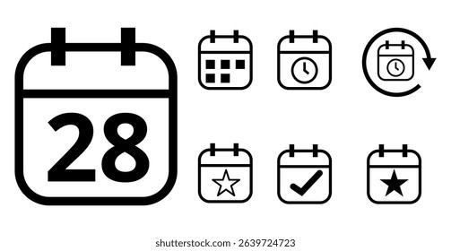 Simple hollow calendar icons isolated on transparent background for websites and graphic resources. Flat calendar icon with specific day marked, day 28.