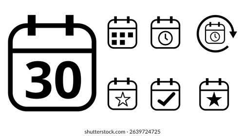 Simple hollow calendar icons isolated on transparent background for websites and graphic resources. Flat calendar icon with specific day marked, day 30.