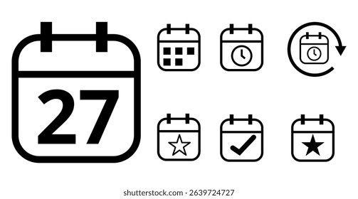 Simple hollow calendar icons isolated on transparent background for websites and graphic resources. Flat calendar icon with specific day marked, day 27.