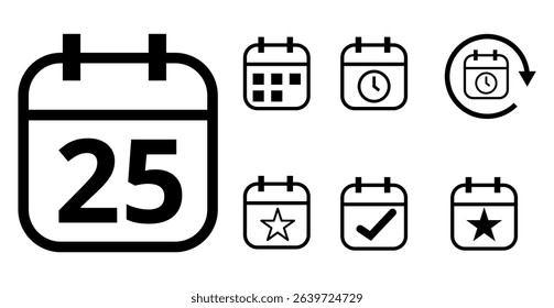 Simple hollow calendar icons isolated on transparent background for websites and graphic resources. Flat calendar icon with specific day marked, day 25.