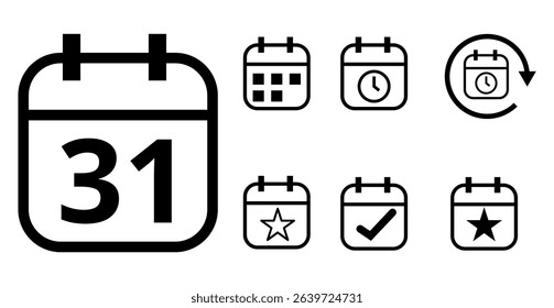 Simple hollow calendar icons isolated on transparent background for websites and graphic resources. Flat calendar icon with specific day marked, day 31.