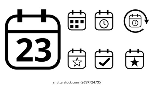 Simple hollow calendar icons isolated on transparent background for websites and graphic resources. Flat calendar icon with specific day marked, day 23.