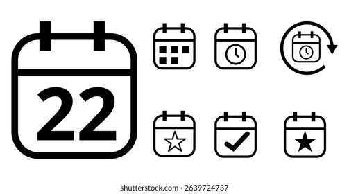 Simple hollow calendar icons isolated on transparent background for websites and graphic resources. Flat calendar icon with specific day marked, day 22.