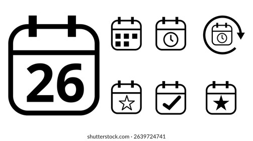 Simple hollow calendar icons isolated on transparent background for websites and graphic resources. Flat calendar icon with specific day marked, day 26.