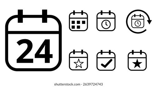 Simple hollow calendar icons isolated on transparent background for websites and graphic resources. Flat calendar icon with specific day marked, day 24.