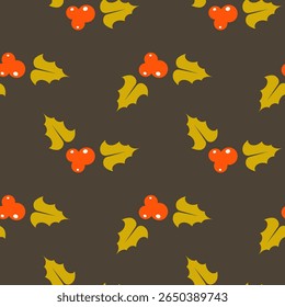 Simple holly berry seamless pattern. Christmas vector seamless pattern on dark background. Hand drawn flat cartoon style. Perfect for gift wrapping paper, textile, fabric and so on